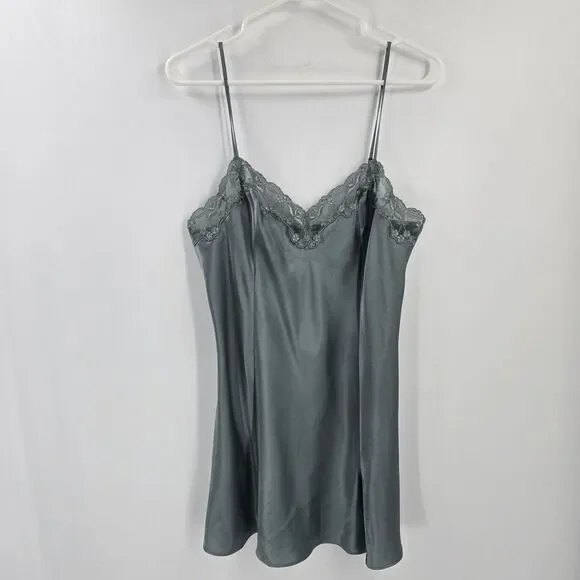 Victoria’s Secret Silk Light Gray Green Sage Lace Slip Dress Limgerie Negligee - Picture 1 of 4
